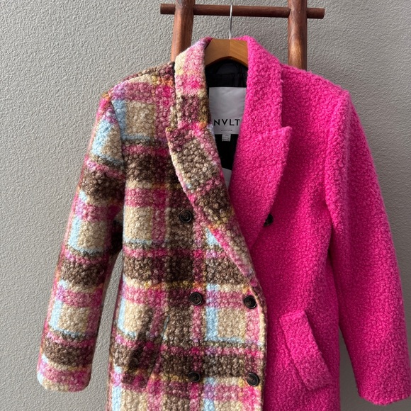 NVLT Boucle Anthropologie Pink Colorblock Teddy Longline Plaid Coat Large - Picture 6 of 14